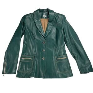 Di Vita Green Buttery Soft Italian Leather Blazer Contrast Stitch Zippers Size 6